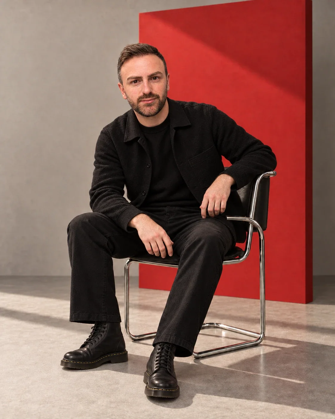 David Atanasovski seated in a studio with a red backdrop