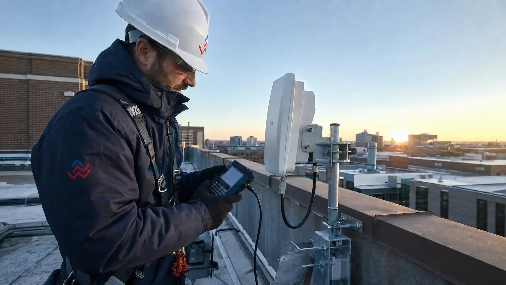 WZC Networking field engineer testing wireless infrastructure on a rooftop