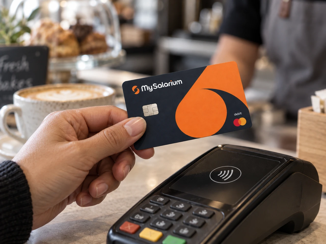 A hand using the navy and orange MySalarium card at a café payment terminal