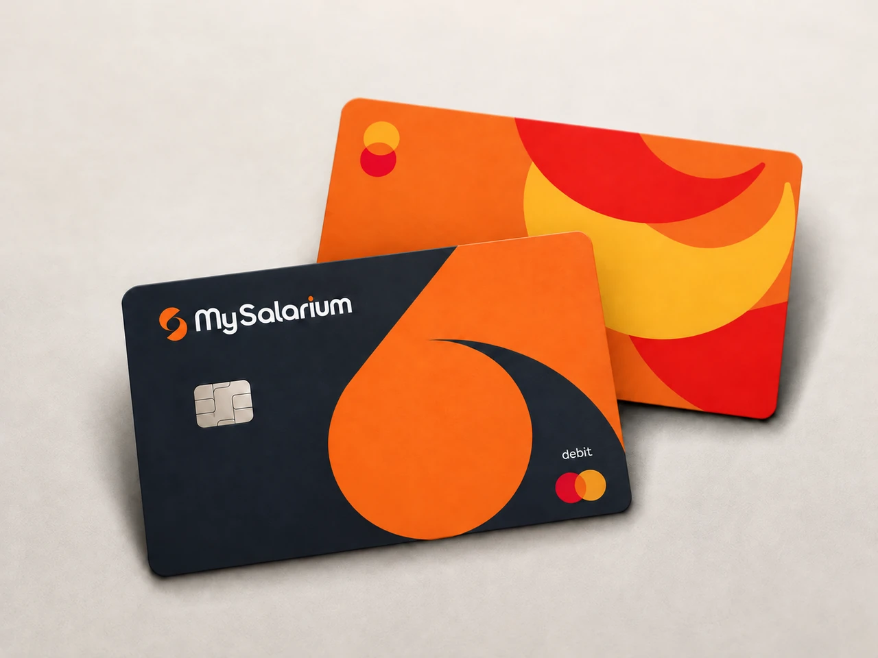 A navy MySalarium card in front of an orange card with red and gold graphics on a warm neutral surface