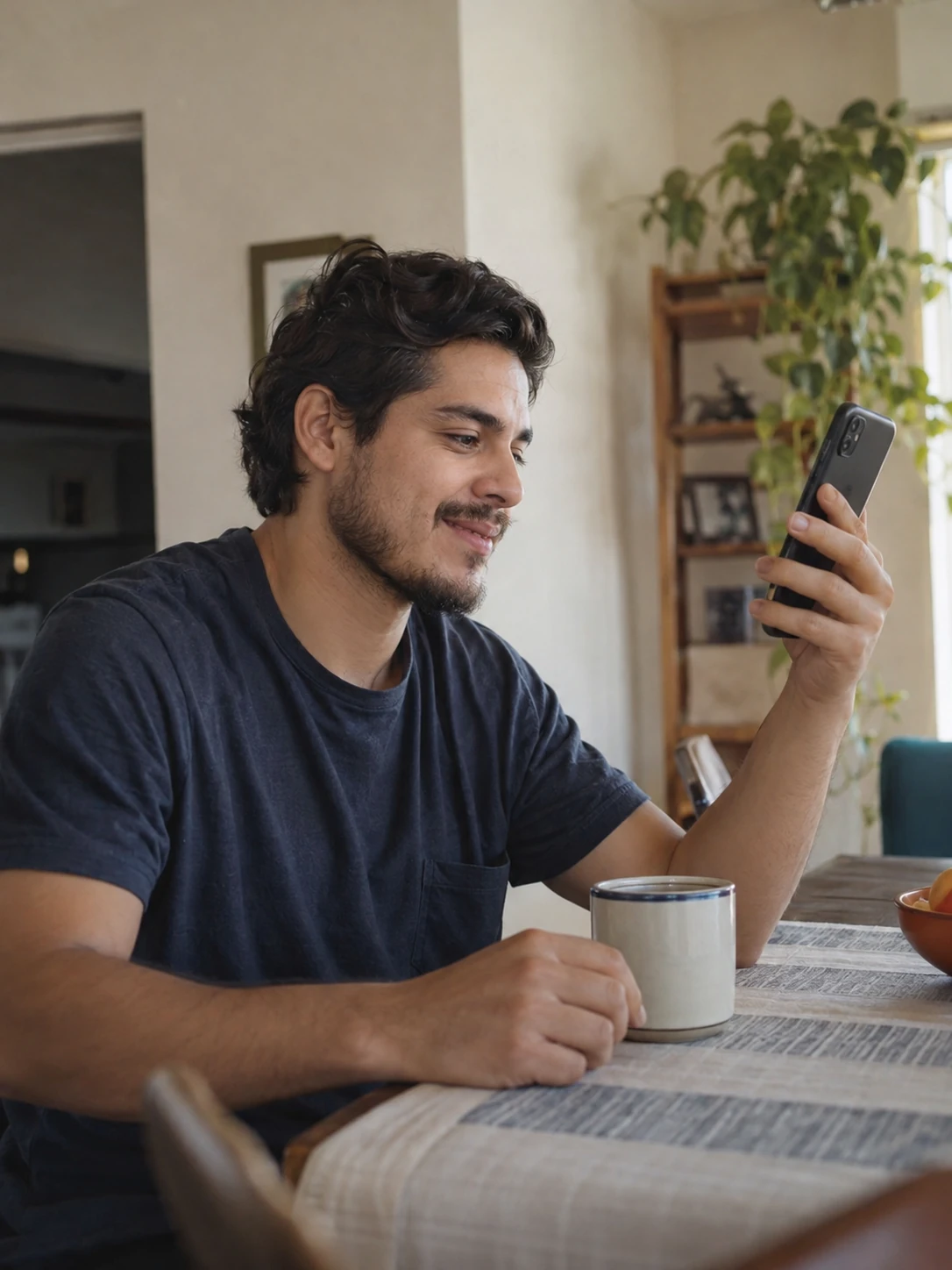 A man connecting with family on a video call from his kitchen table
