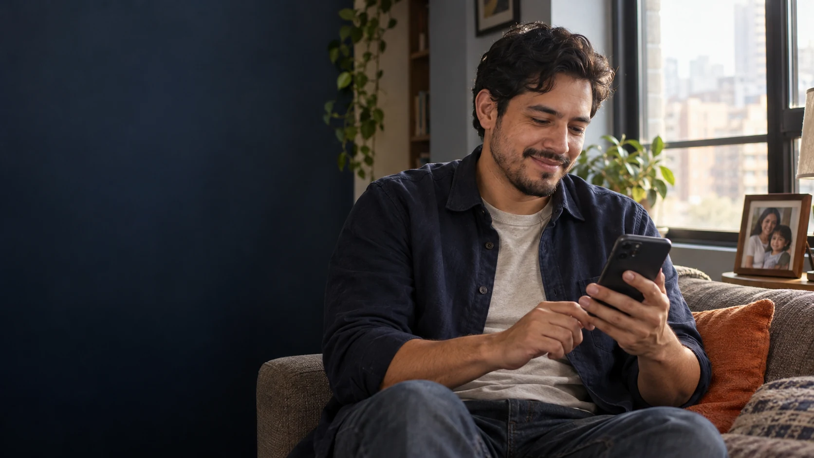 A man using his phone at home, with a family photograph nearby